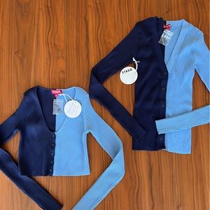 STAUD Cargo Knit Ribbed Sweater tops- two tone Navy/Sky.  Size Small